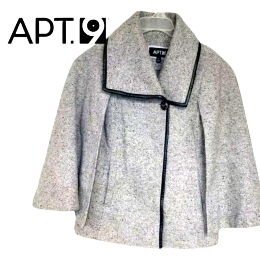 APT 9 Tweed Cape Soft Gray Wool Blend Lined Faux Leather Trim Pockets SM NWT